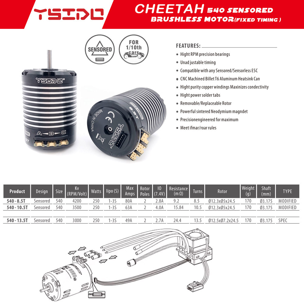 Brushless Motor Sensored 10.5T 13.5T - Motor Brushless YSIDO Sensored CHEETAH 540